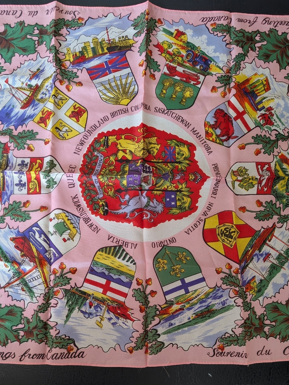 Pink Canadian Souvenir Scarf with Multicolor Provincial Crests